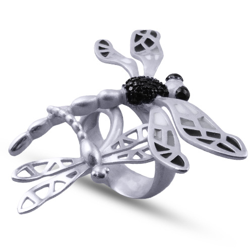 картинка Кольцо Стрекоза 18 (эмаль черная, серая, агат; г/п: античное серебро) Испания SI00 0001-04b ювелирный  магазин Калина являющийся официальным дистрибьютором в России 
