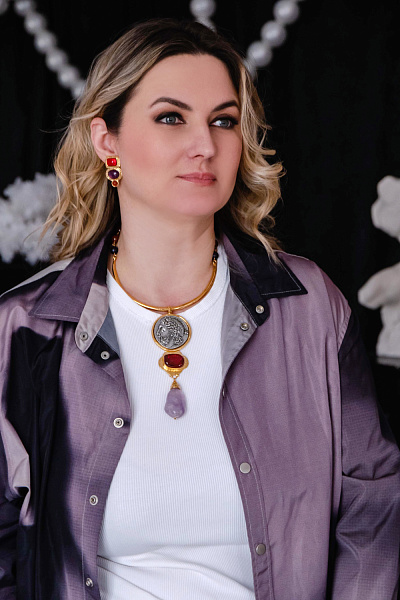 Клипсы (аметист, сердолик, г/п: золото) Франция Philippe Ferrandis LOUVRE ETN12