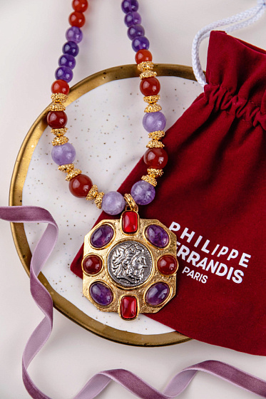 картинка Колье (сердолик, аметист, г/п: золото, серебро, 5.3х5.5 см, регул.) Франция Philippe Ferrandis LOU21 ювелирный  магазин Калина являющийся официальным дистрибьютором в России 