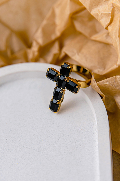 Кольцо Крест (кристаллы черные, 3,2х2,2 см) Италия  Claudio Canzian 002 01 509