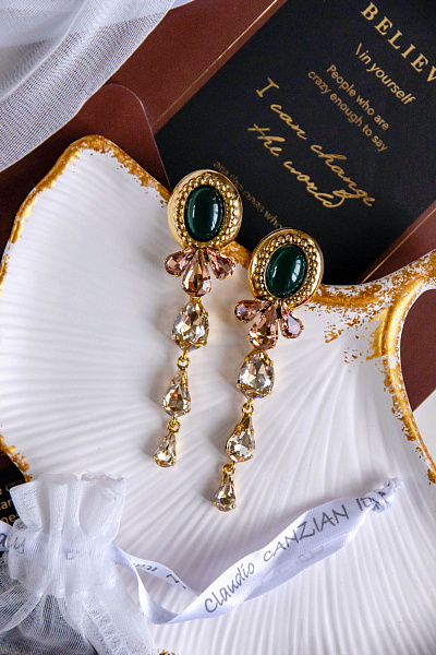 Серьги (кристалл персиковый, агат зеленый, 8,1х2 см, 18 гр.) Италия Claudio Canzian 002 02 812