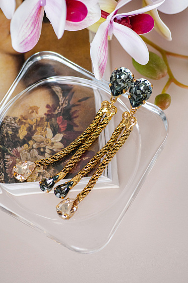 картинка Серьги Хромосомы(кристаллы цвета графит, медовые, 9,6х1,5см, 26гр) Италия Claudio Canzian 002 02 190 ювелирный  магазин Калина являющийся официальным дистрибьютором в России 