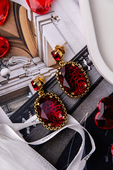 картинка Серьги (чешское стекло красный, кристаллы, 4.5х2.2 см, 26гр) Италия Claudio Canzian 002 02 882 ювелирный  магазин Калина являющийся официальным дистрибьютором в России 