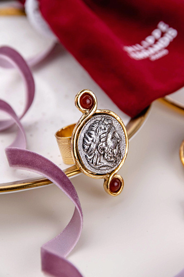 картинка Кольцо (сердолик, г/п: золото, серебро, 5х3 см, регулируется) Франция Philippe Ferrandis LOU51 ювелирный  магазин Калина являющийся официальным дистрибьютором в России 