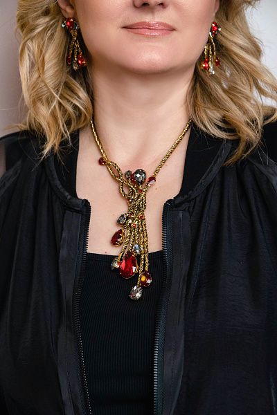 Колье Хромосомы (кристалл красный, графитовый, 48 см, 15,5х3 см) Италия Claudio Canzian 002 05 212