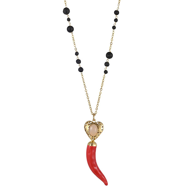 Колье Перчик (Розовый кварц, вулканическая лава, керамика, 8.5х1.9 см, 76 см) 011 05 175 Италия Bane