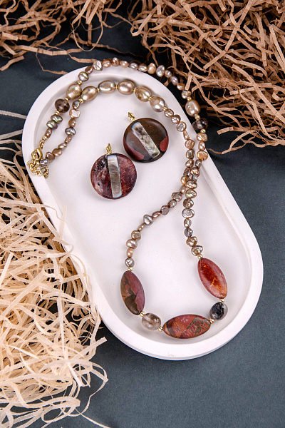 Серьги Lile Rouss (Яшма Пикассо, перламутр, 2,6х2,6 см) 12-90420 Франция Nature Bijjoux 