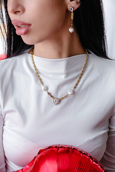 Колье Сердца (кубический цирконий, жемчуг, 48.5 см, 1,6х1,6 см) Италия Claudio Canzian 002 05 882