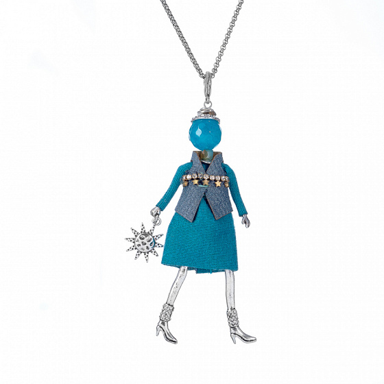 картинка Подвеска (кукла Кристел, в бирюзовом платье и жилетке, серебристая) MIA-2602-CL7656 Франция MiAmelie ювелирный  магазин Калина являющийся официальным дистрибьютором в России 