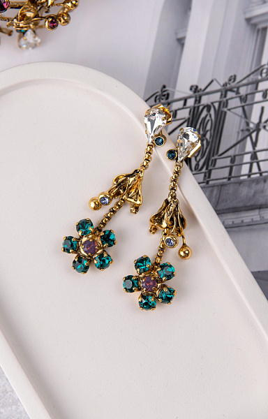 Серьги Незабудки (кристалл: сиреневый, зеленый, синий, прозрач.) Италия Claudio Canzian  002 02 774