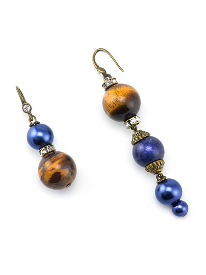 картинка Серьги (Тигровый глаз, лазурит, жемчуг Majorca, латунь. Г/п: золото.) 20119030 Россия Роман с камнем ювелирный  магазин Калина являющийся официальным дистрибьютором в России 