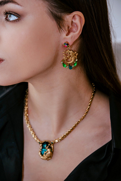 Серьги Дракон (кристалл зеленый, г/п: золото, 4,7х2,5см, 12 гр) Италия  Claudio Canzian  002 02 695