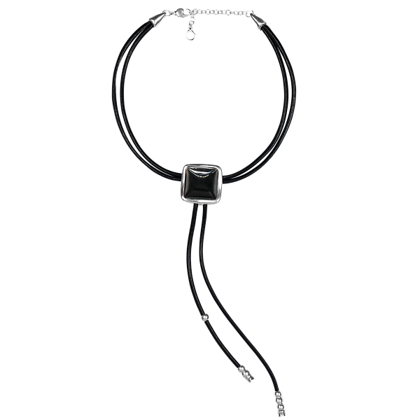 Колье (муранское стекло-черный нат.кожа, г/п: серебро, регулир) 243801-01 Испания  Ciclon Kubik