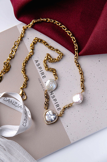 картинка Колье Сердца (кубический цирконий, жемчуг, 48.5 см, 1,6х1,6 см) Италия Claudio Canzian 002 05 882 ювелирный  магазин Калина являющийся официальным дистрибьютором в России 