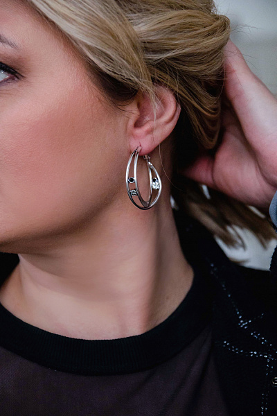 Серьги (кристаллы черный, графит, г/п: родий, d 4 см, 14 гр) Италия  Claudio Canzian 002 02 834