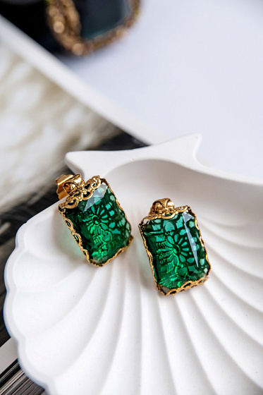 картинка Серьги (кристалл зеленый, г/п: золото, 3х1,7 см) Италия  Claudio Canzian 002 02 687 ювелирный  магазин Калина являющийся официальным дистрибьютором в России 