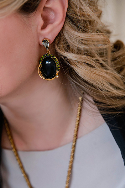 Серьги (агат, кристалл графит, хаки, 5х2,5см, 22 гр.) Италия Claudio Canzian 002 02 791