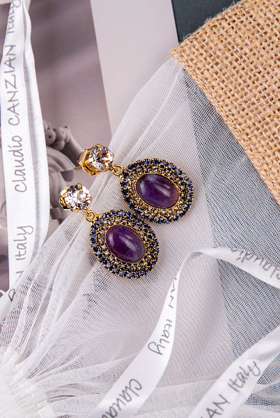 Серьги (кристаллы сиреневые, персиковые, аметист, 3,7х2см, 12 гр.) Италия Claudio Canzian 002 02 829
