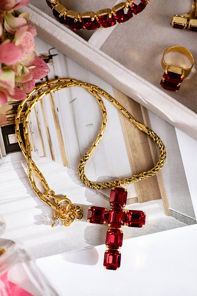 Колье Крест Энигма (кристалл красный, 5х3,4 см, 52 см регулирует) Италия  Claudio Canzian 002 05 613