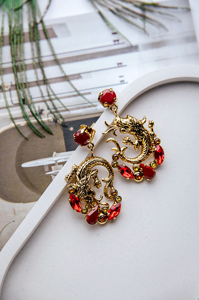 Серьги Дракон (кристалл красный, г/п: золото, 4,7х2,5см, 12 гр) Италия  Claudio Canzian  002 02 695