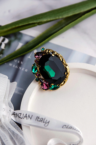 картинка Кольцо Маркиза (кристалл зеленый. пурпурный, 4х3.2 см) Италия Claudio Canzian 002 01 168 ювелирный  магазин Калина являющийся официальным дистрибьютором в России 