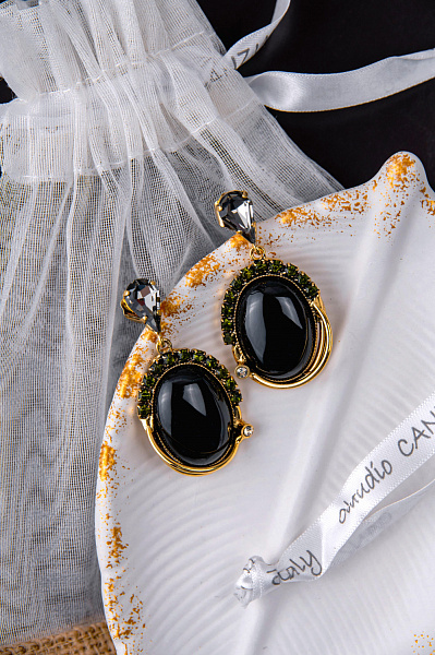 Серьги (агат, кристалл графит, хаки, 5х2,5см, 22 гр.) Италия Claudio Canzian 002 02 791