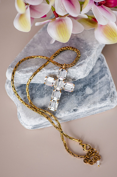 Колье Крест Энигма (кристалл прозрачный, 5х3,4 см, 52 см регулир) Италия  Claudio Canzian 002 05 613