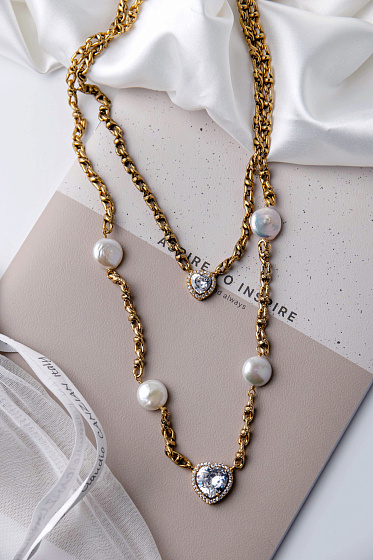 картинка Колье Сердца (кубический цирконий, жемчуг. 44-66 см., 1.6х1.6 см) Италия Claudio Canzian 002 05 880 ювелирный  магазин Калина являющийся официальным дистрибьютором в России 