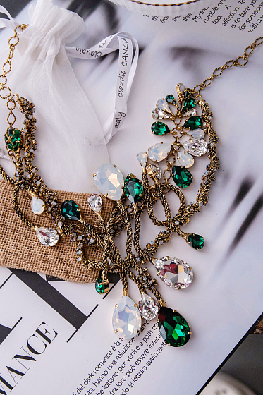 картинка Колье Хромосомы (кристалл зеленый, прозрачный, белый опал, 56 см) Италия Claudio Canzian 002 05 594 ювелирный  магазин Калина являющийся официальным дистрибьютором в России 