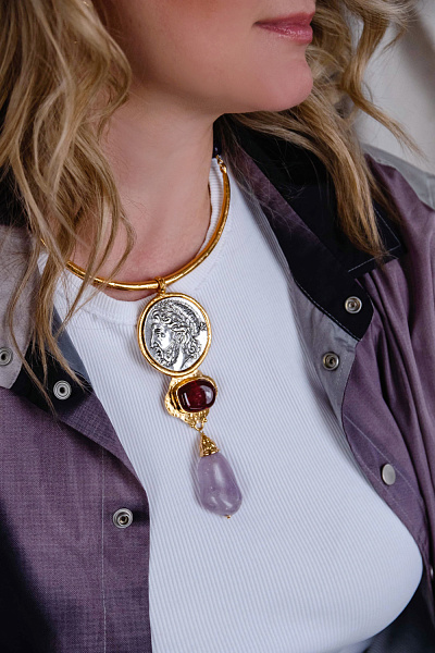 Колье (сердолик, аметист, г/п: золото, серебро, 4.7х14 см, регулир) Франция Philippe Ferrandis LOU22