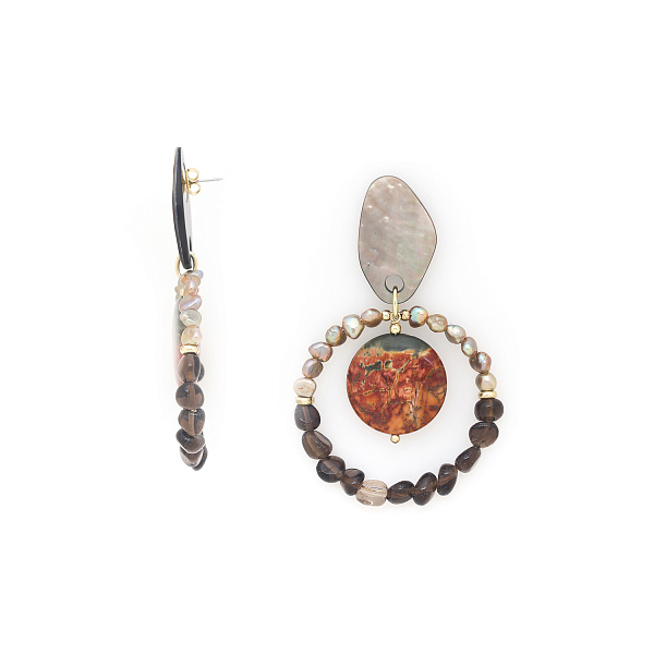 Серьги Lile Rouss (Яшма Пикассо, жемчуг, раухтопаз, 8,5+6 см) 13-44373 Франция Nature Bijjoux 