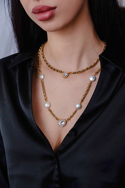 Колье Сердца (кубический цирконий, жемчуг. 44-66 см., 1.6х1.6 см) Италия Claudio Canzian 002 05 880