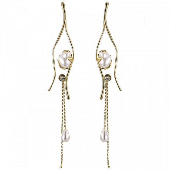 картинка Серьги (искуственный жемчуг, кристалл прозрачный,г/п: золото, 12,5х1,7см) Греция Kalliope 002 02 068 ювелирный  магазин Калина являющийся официальным дистрибьютором в России 