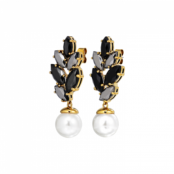 картинка Серьги BALETE (кристалл черный, гематит, майорка белая, г/п: золото) Дания DYRBERG/KERN 470026 ювелирный  магазин Калина являющийся официальным дистрибьютором в России 