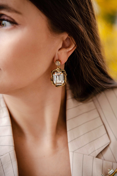 Серьги (прозрачный кристалл) 4х2.2 см, г/п: золото Италия  Claudio Canzian 002 02 599