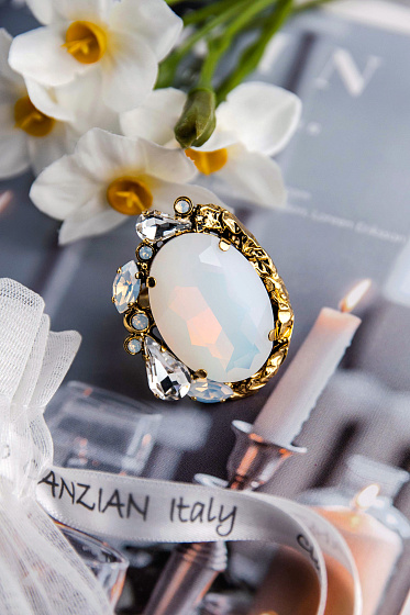 картинка Кольцо Маркиза (кристалл белый опал, прозрачный, 4х3.2 см) Италия Claudio Canzian 002 01 168 ювелирный  магазин Калина являющийся официальным дистрибьютором в России 