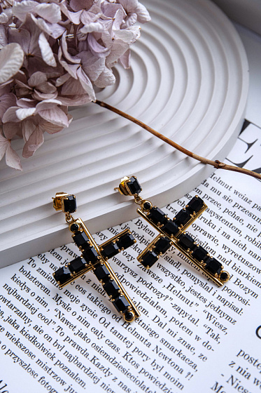 картинка Серьги Кресты (черный кристалл, г/п: золото, 6,5х4 см) Италия  Claudio Canzian 002 02 490 ювелирный  магазин Калина являющийся официальным дистрибьютором в России 