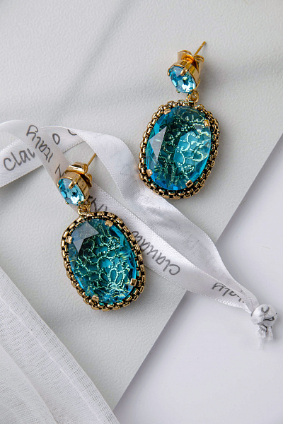 Серьги (чешское стекло бирюзовое, кристаллы, 4.5х2.2 см, 26гр) Италия Claudio Canzian 002 02 882