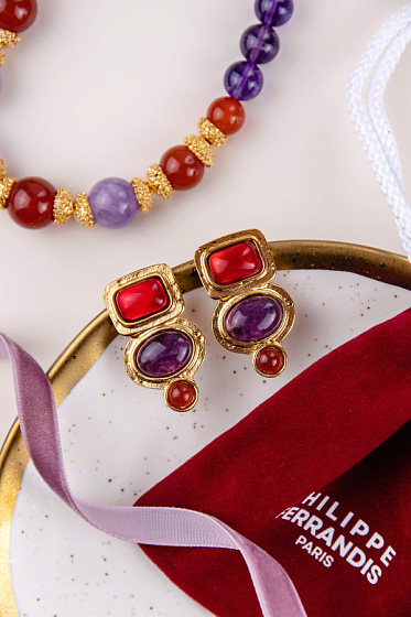 картинка Клипсы (аметист, сердолик, г/п: золото) Франция Philippe Ferrandis LOUVRE ETN12 ювелирный  магазин Калина являющийся официальным дистрибьютором в России 