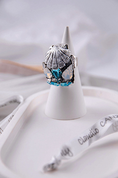 Кольцо Круиз (кристаллы бирюзовые, белый опал 3,4х2,6х1,7 см) Италия  Claudio Canzian 002 01 543
