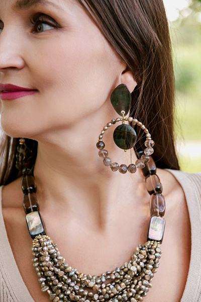 Серьги Lile Rouss (Яшма Пикассо, жемчуг, раухтопаз, 8,5+6 см) 13-44373 Франция Nature Bijjoux 