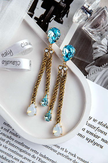 картинка Серьги Хромосомы (кристаллы бирюзовые, белый опал, 9,6х1,5см) Италия Claudio Canzian 002 02 190 ювелирный  магазин Калина являющийся официальным дистрибьютором в России 