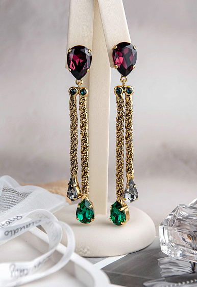 картинка Серьги Хромосомы (кристаллы зеленые, пурпурн. 9,6х1,5 см, 26 гр.) Италия Claudio Canzian 002 02 190 ювелирный  магазин Калина являющийся официальным дистрибьютором в России 