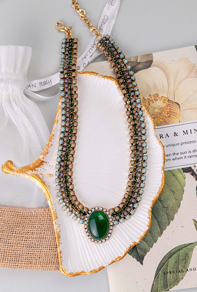 Колье (кристаллы белые, зеленые, бежевые, агат, 46 см, 3,2х2,5 см) Италия Claudio Canzian 002 05 814