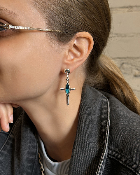 Серьги Ciclon 265600-07 (кристалл бирюзовый, г/п: серебро, 4х2 см) Испания Cruz