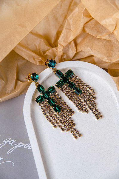 Серьги Кресты (кристаллы: зеленые, медовые, г/п:золото,7,5х2,2см) Италия Claudio Canzian  002 02 745