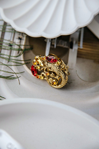 Кольцо Дракон  (кристалл красный, желтый г/п: золото, 3,2х2,7 см) Италия  Claudio Canzian 002 01 467