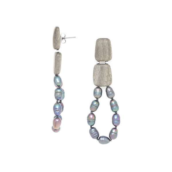 Серьги Pebble bea (Жемчуг, эбеновое дерево 7,5х1,3 см) 12-90372 Франция Nature Bijjoux 