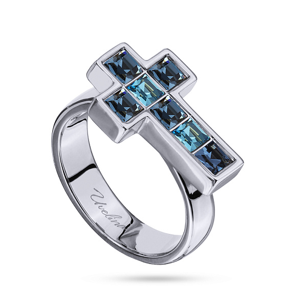 Кольцо Квадро (кристаллы джинс, аквамарин, г/п: родий, р.18 регулир.) SW00 0055G-047R4-8