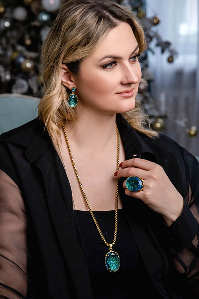 Серьги (чешское стекло бирюзовое, кристаллы, 4.5х2.2 см, 26гр) Италия Claudio Canzian 002 02 882